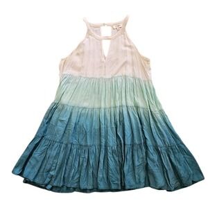 Umgee USA Blue Green Ombre Tiered Halter Mini Dress Womens Medium Keyhole Boho